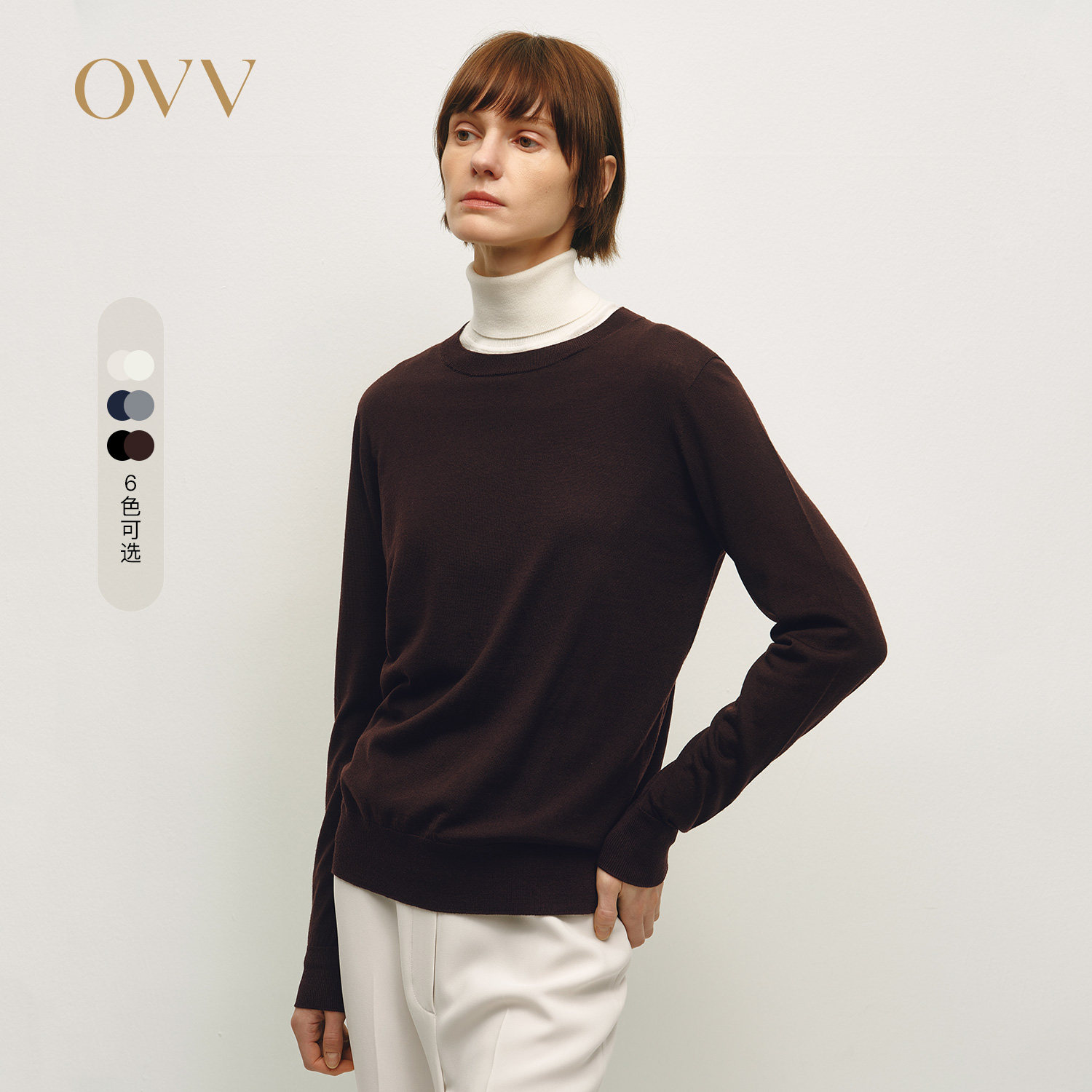 OVV秋冬新款多色简约宽松圆领羊毛长袖针织衫