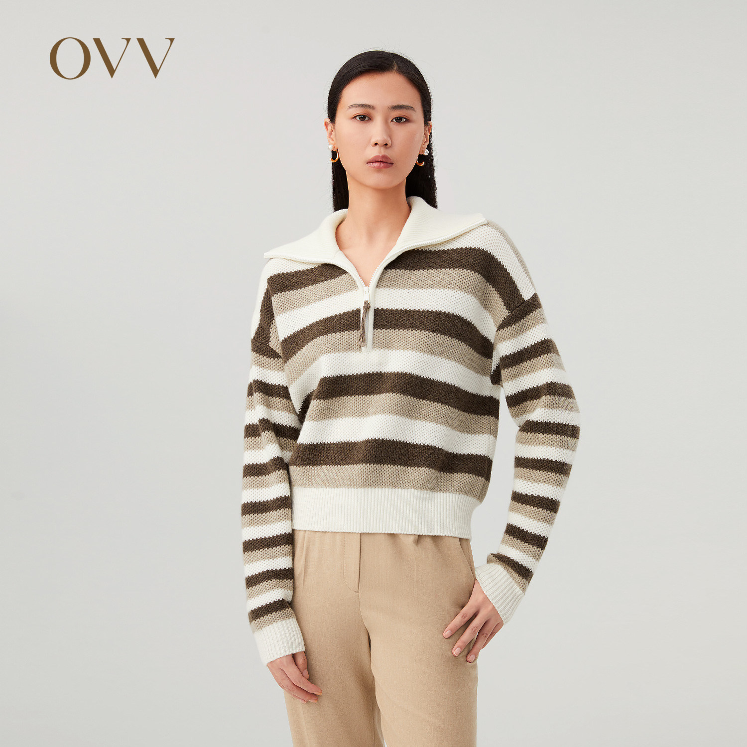 OVV秋冬新款女装羊毛羊绒翻领半开襟经典条纹长袖针织衫