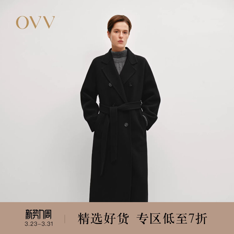 OVV秋冬热卖女装平驳领双排扣休闲通勤羊毛双面呢大衣