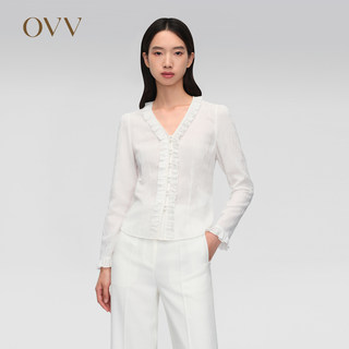 OVV2024春夏新款女装弹力丝棉混纺花边V领泡泡肌理长袖衬衫