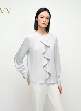 【重磅真丝】OVV2025春夏新款女装淡人22MM双乔缎荷叶边饰上衣