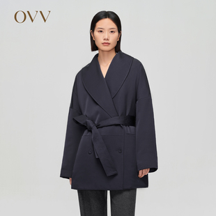 光泽感面料青果领双排扣羽绒服外套 OVV秋冬新款 女装