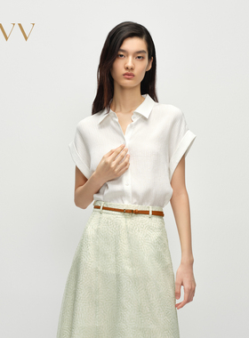 OVV2025春夏新款女装淡人冠乐绉桑蚕丝面料多色短袖休闲衬衫
