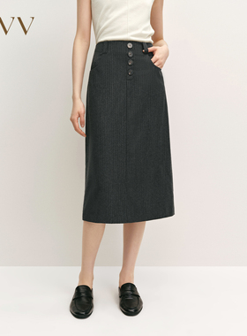 OVV秋冬热卖女装牛角扣装饰复古人字纹H型羊毛半身裙