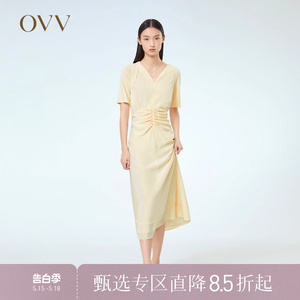 OVV春夏热卖女装弹力法式优雅浪漫压褶工艺短袖连衣裙