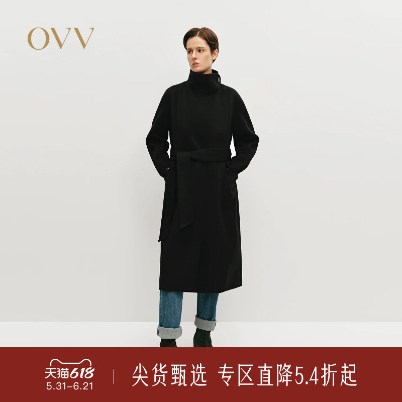 OVV秋冬热卖女装立领设计随附腰带中长羊毛双面呢大衣