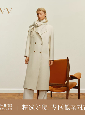 OVV秋冬热卖女装随附围巾中长羊毛双排扣双面呢大衣