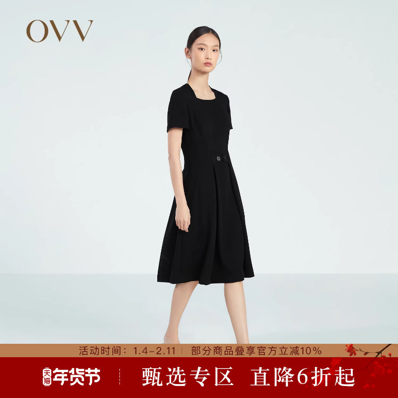 OVV春夏热卖女装十字纹醋酸复古优雅方领小黑裙短袖连衣裙