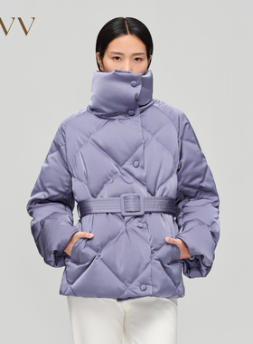 OVV秋冬新款女装光泽感缎面菱形格高领白鹅绒直筒羽绒服