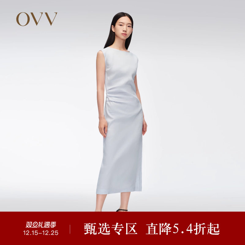 春夏热卖女装一字领干爽透气亚麻混纺无袖连衣裙