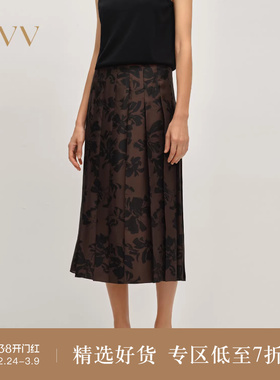 OVV2025秋冬新款女装16MM印花斜纹绸真丝百褶半身裙