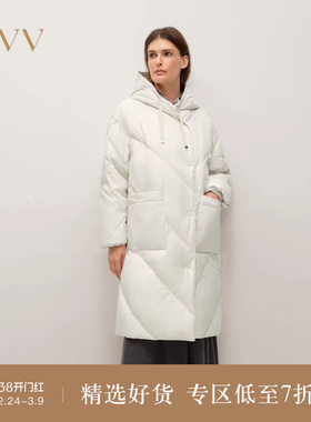 OVV2025秋冬新款女装缎面连帽设计休闲多色长款羽绒服