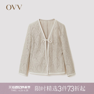 OVV春夏热卖 女装 精致亚麻蕾丝V领系带撞色贴边通勤休闲外套