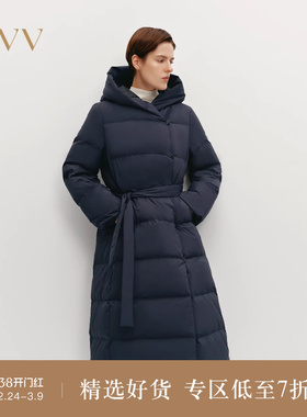 OVV秋冬热卖女装大横格绗线保暖蓬松连帽长款羽绒服
