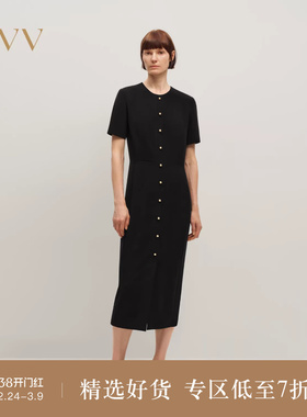 OVV2025秋冬新款女装日本进口三醋酸复古小金扣圆领短袖连衣裙