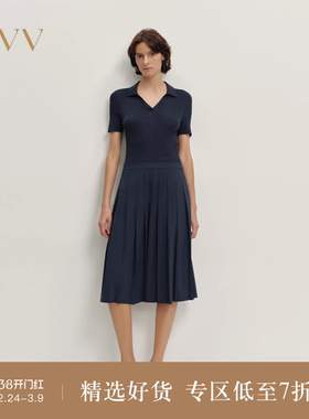 OVV2025秋冬新款女装针梭镶拼四面弹休闲通勤短袖百褶连衣裙