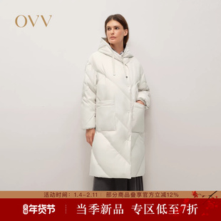 OVV2025秋冬新款女装缎面连帽设计休闲多色长款羽绒服