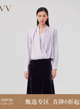 OVV秋冬新款女装23MM重磅真丝V领交叉设计长袖衬衣