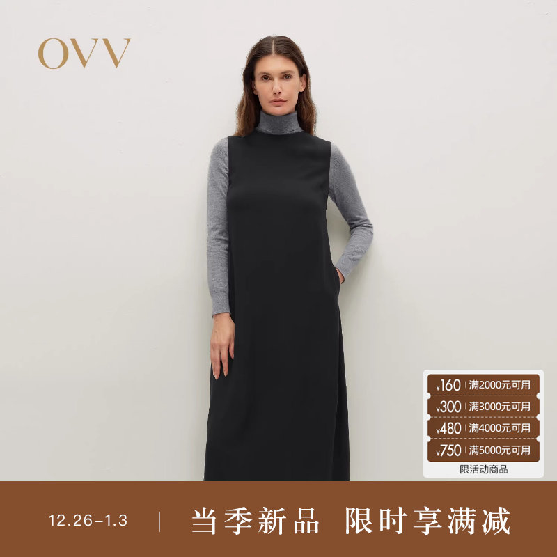 OVV2025秋冬新款女装日本进口缎面醋酸圆领无袖连衣裙小黑裙