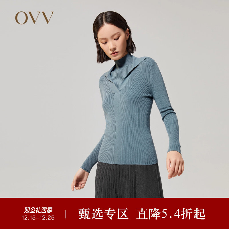 【黄金羊毛】OVV秋冬女装POLO领修身休闲羊毛长袖针织衫