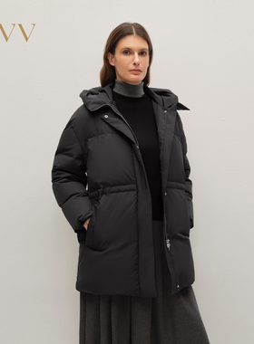 OVV2025秋冬新款女装立领连帽腰部抽绳鹅绒填充羽绒服