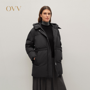 OVV2025秋冬新款女装立领连帽腰部抽绳鹅绒填充羽绒服