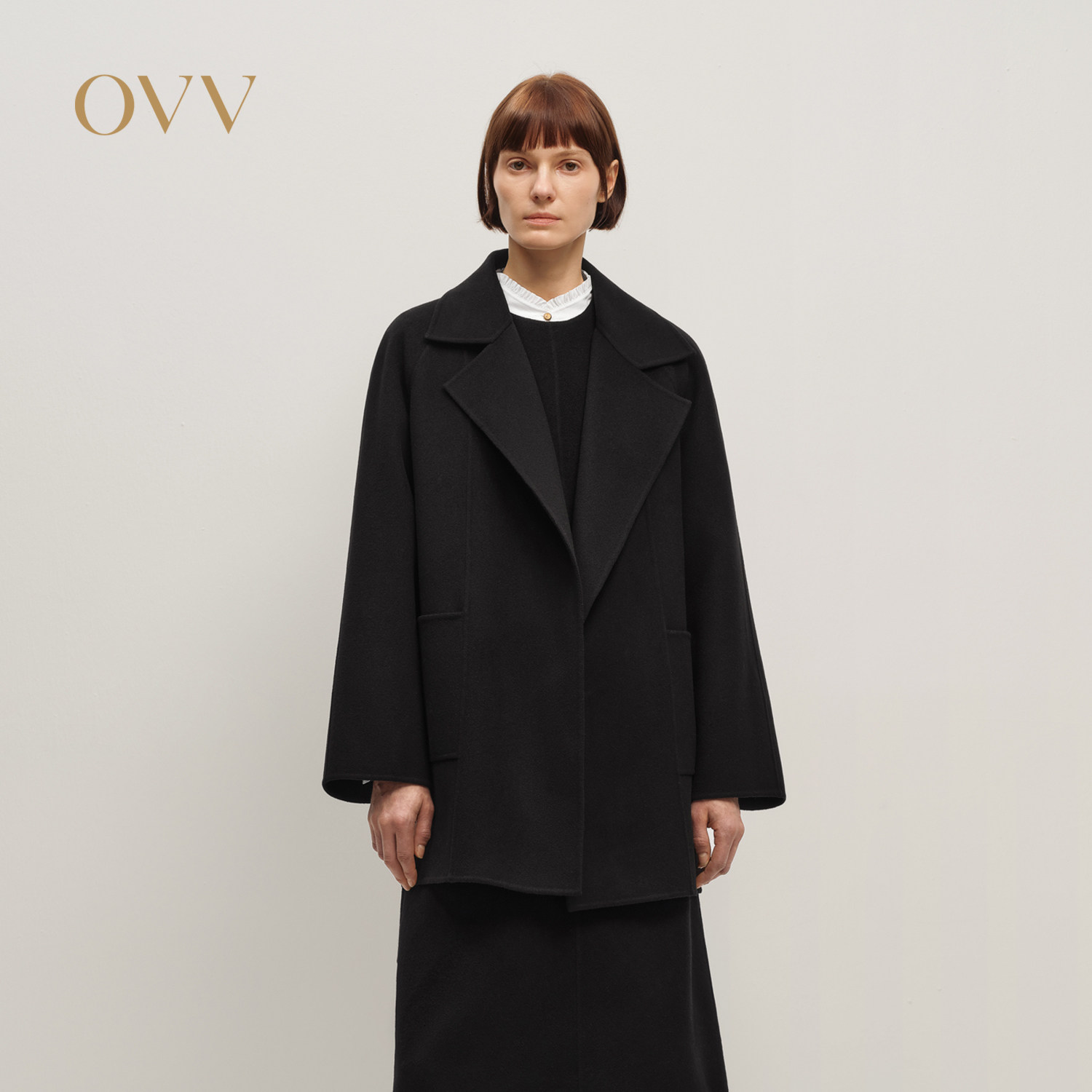 OVV2025秋冬新款女装经典优雅简约随附腰带翻领羊毛大衣