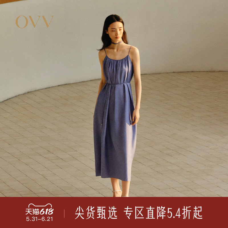 OVV春夏新款女装18MM斜纹真丝仿牛仔印花吊带连衣裙