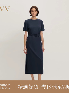 OVV2025秋冬新款女装优雅亲肤基础圆领随附腰带短袖连衣裙