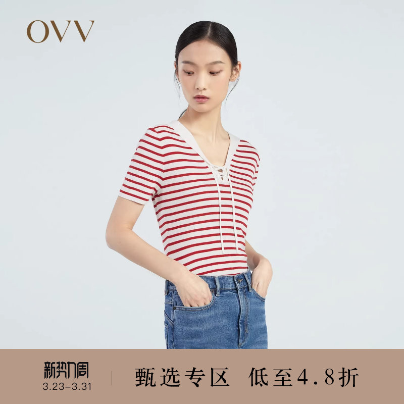 OVV春夏热卖女装桑蚕丝亚麻混纺系带海军风航海条纹短袖针织衫