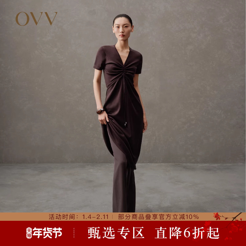 OVV春夏热卖女装丝棉混纺V领短袖中长款A字休闲连衣裙