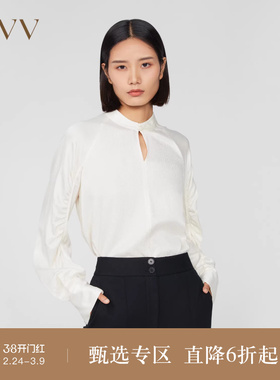 OVV秋冬新款女装21MM桑蚕丝莫代尔肌理感分割抽褶立领上衣