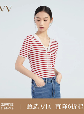 OVV春夏热卖女装桑蚕丝亚麻混纺系带海军风航海条纹短袖针织衫