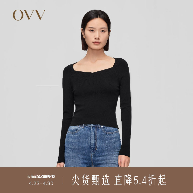 OVV秋冬新款女装羊毛混纺钻石领弹力修身套头长袖针织衫