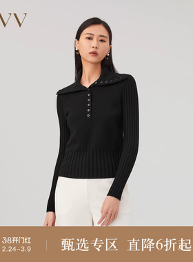 【黄金羊毛】OVV秋冬新款女装丝毛翻领半开襟休闲长袖针织衫