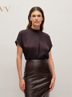 【重磅真丝】OVV2025秋冬新款女装双乔缎半高领短袖衬衫上衣