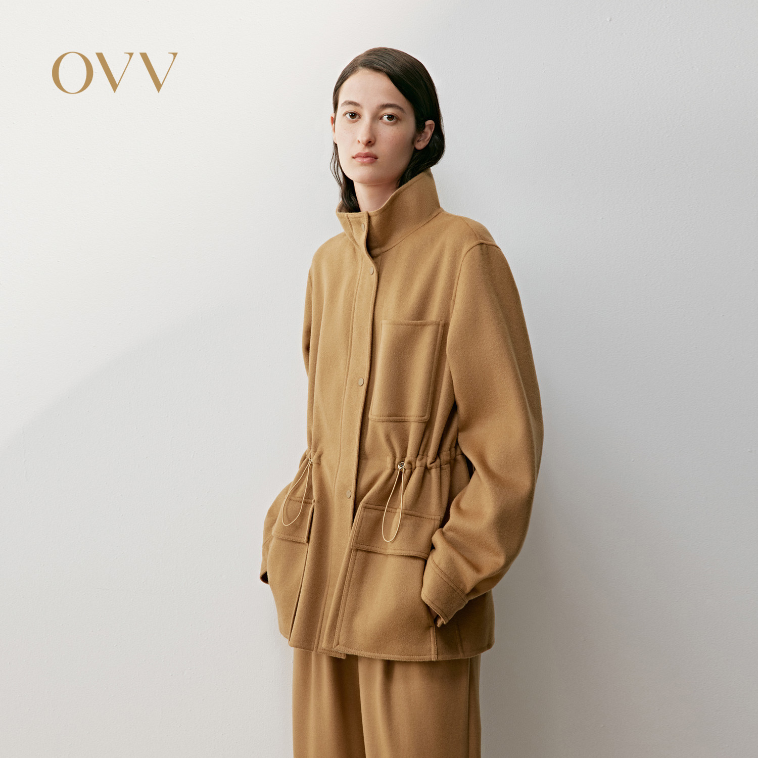 OVV2025秋冬新款女装经典异色双面呢立领休闲羊毛大衣