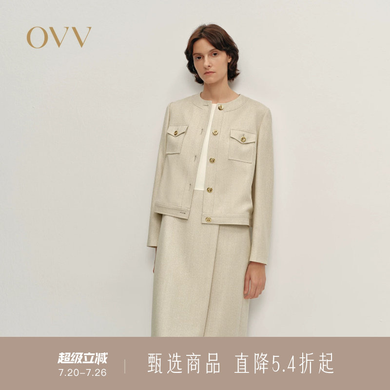 OVV秋冬新款女装粗花呢圆领金扣贴袋直筒休闲夹克外套