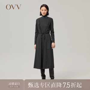 OVV秋冬女装意大利进口羊毛羊绒混纺收腰A字长袖连衣裙