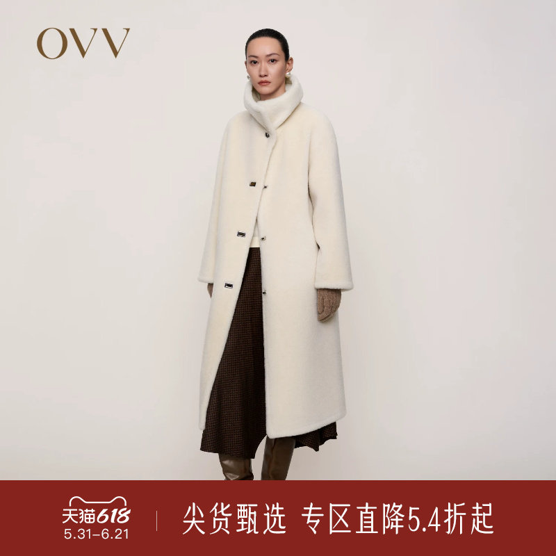 OVV秋冬新款女装羊毛毛绒感单排扣大翻领中长款皮草大衣