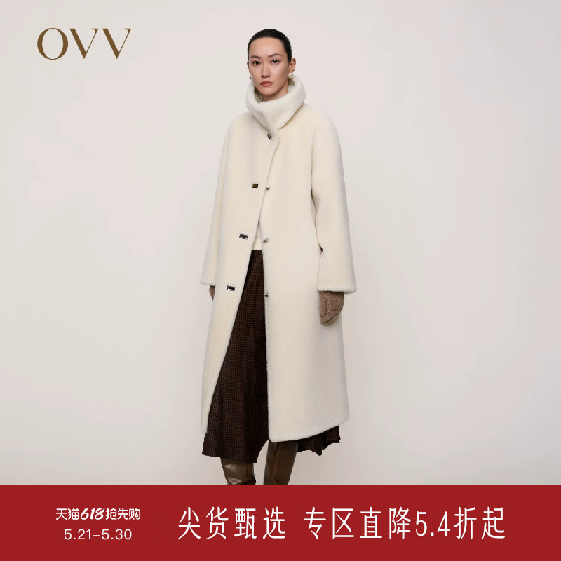 OVV秋冬新款女装羊毛毛绒感单排扣大翻领中长款皮草大衣
