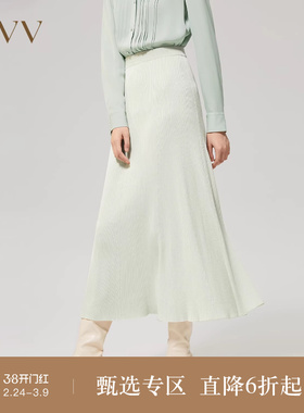 OVV秋冬女装飘逸桑蚕丝长绒棉混纺松紧腰拼接半身裙