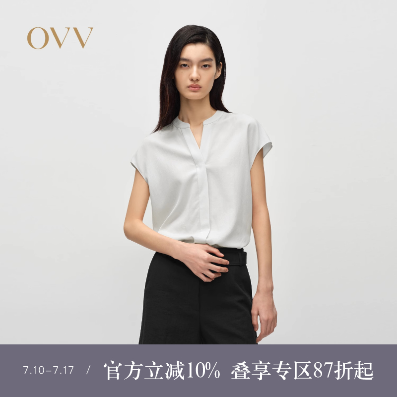 OVV2025春夏新款女装淡人精致小立领易打理短袖休闲衬衫上衣