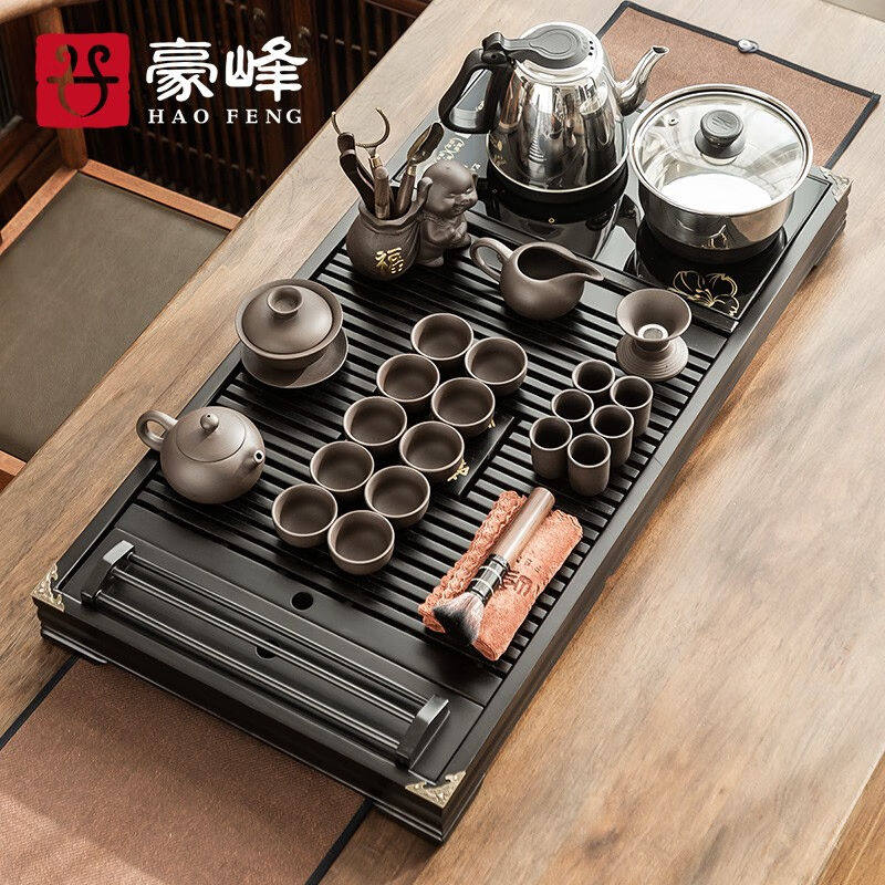 豪峰经典整套茶具套装全自动烧水壶一体实木茶盘家用客厅现代简约