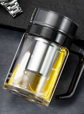 万象单层玻璃杯水杯泡茶杯子带滤网带手柄把手防烫U221-青灰色-48