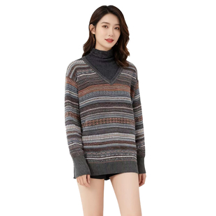 休闲风条纹常规款 线衫 长袖 高领毛衣宽松型DMA947 D玛纳