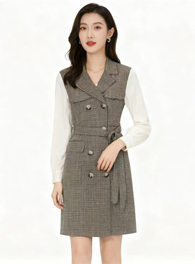 【恋】淑女连衣裙双修身型格纹简约百搭舒适L943/YL954