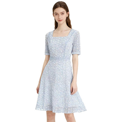 【恋】淑女连衣裙碎花方领日常穿收腰女士短袖简约百搭YL1027