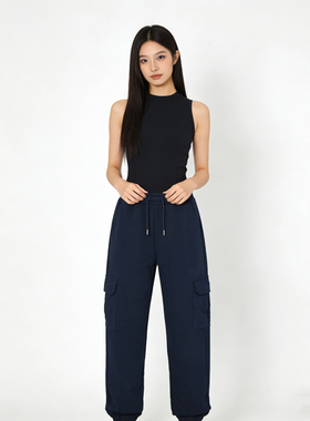 SP系列-高腰工装显瘦宽松休闲裤深蓝色长裤P17/P334