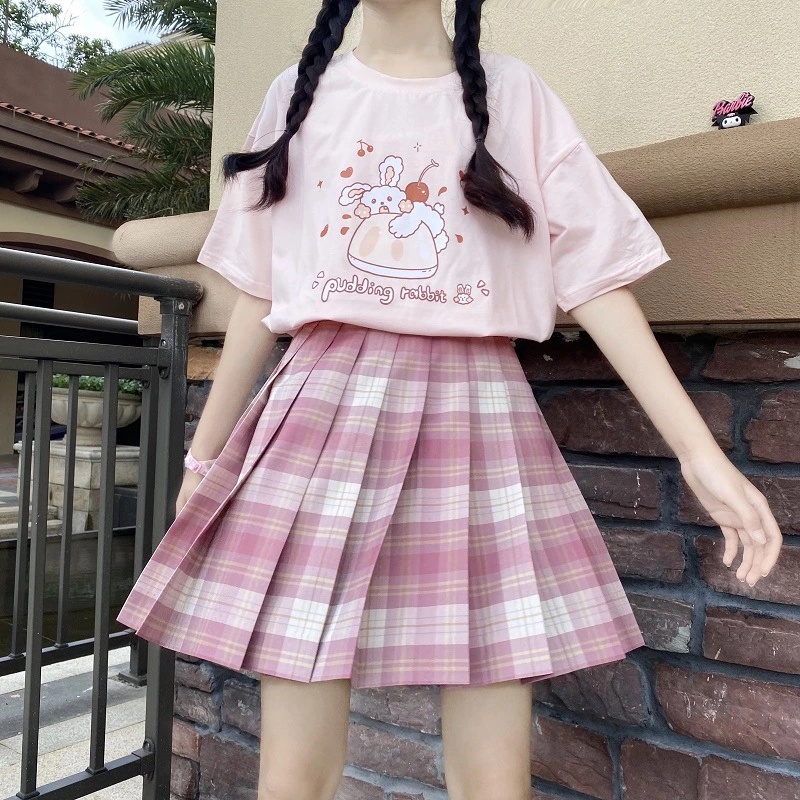 夏季短袖t恤百褶裙两件套 学生宽松可爱软妹上衣搭配jk格裙套装女